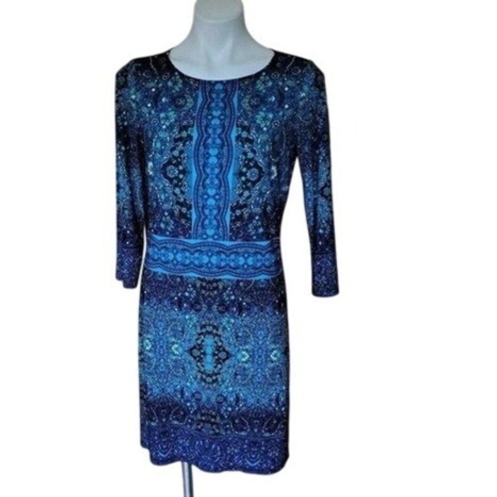 London‎ Times Petite Blue Black Medallion Print 3/4 Sleeve Dress Size 10P